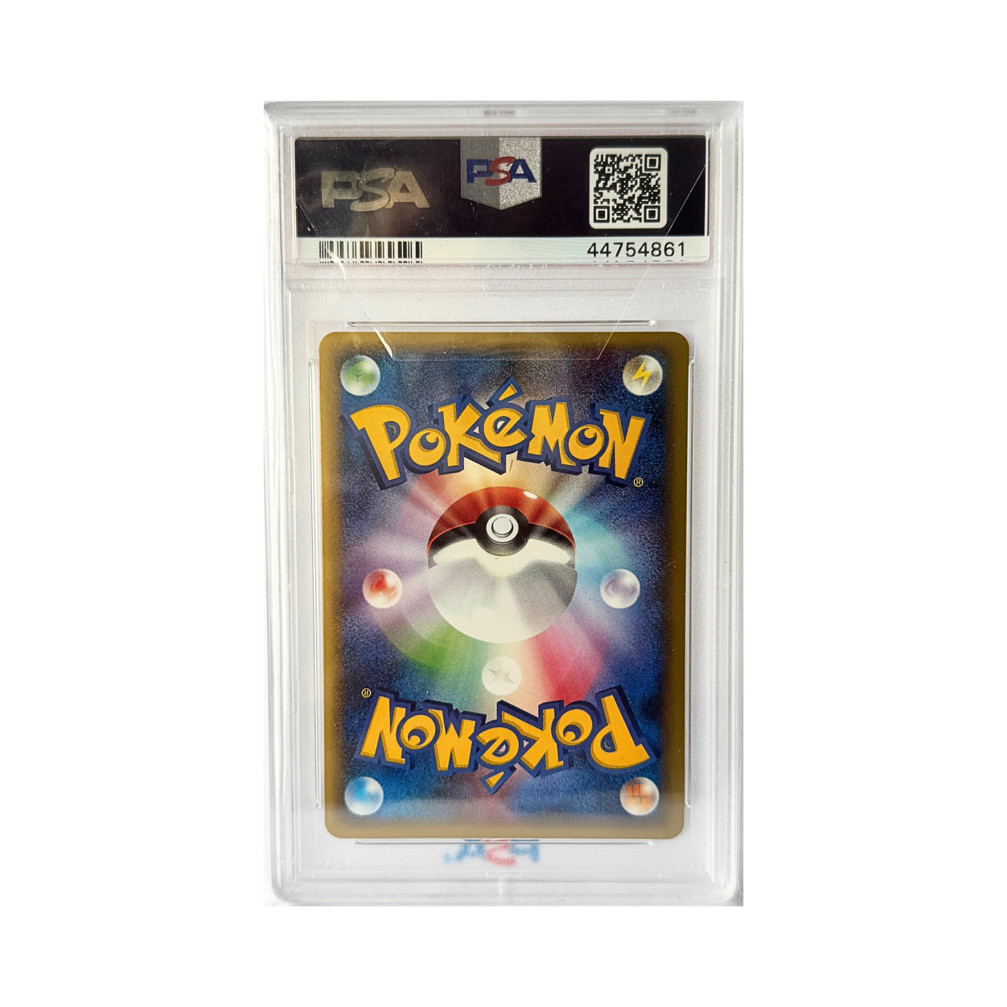 Pokémon trading card in a PSA protective case on a white background